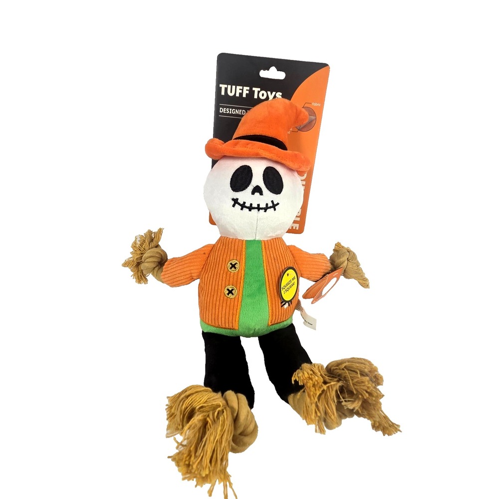 TUFF Toys Halloween Scarecrow Dog Toy 14 Inch Squeaky Durable Rope Plush Orange